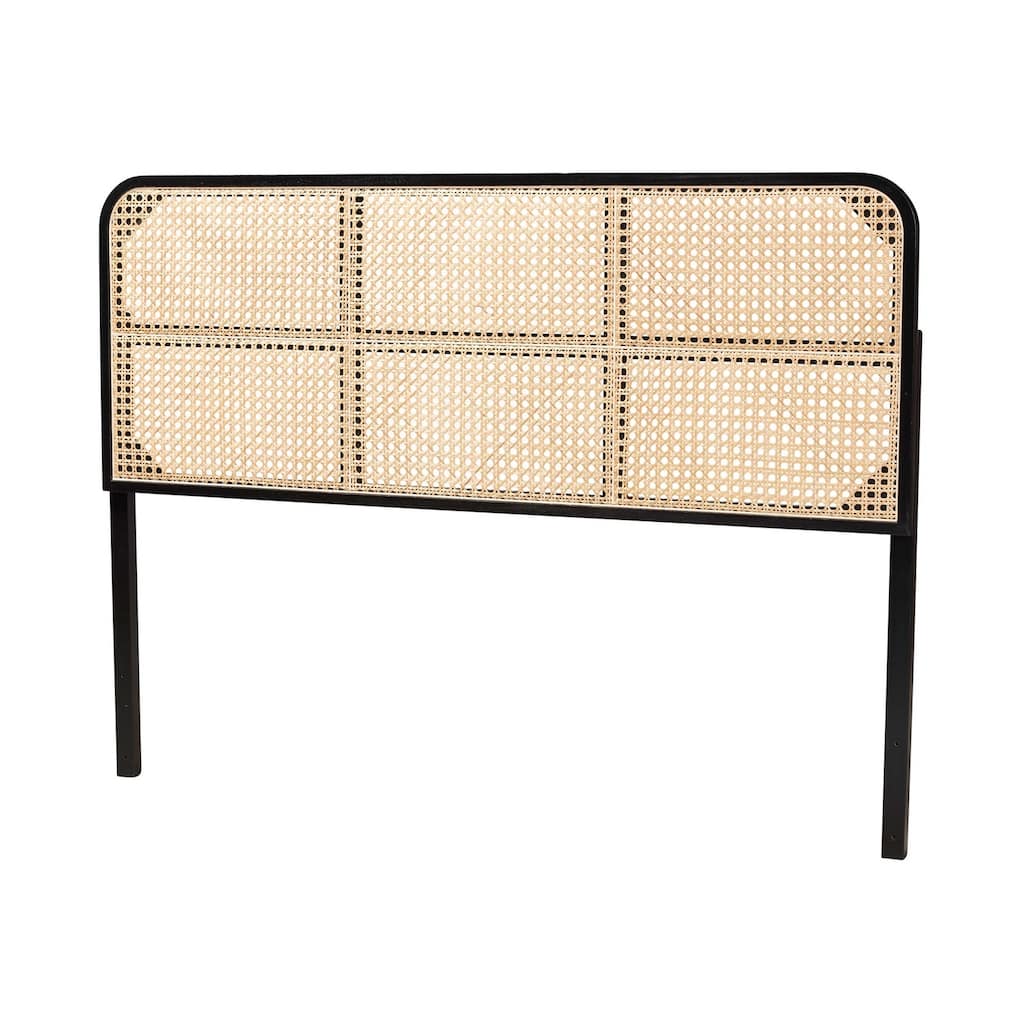 Modern Bohemian Black Finished Bayur Wood and Natural Rattan Queen Size Headboard with Textured Design