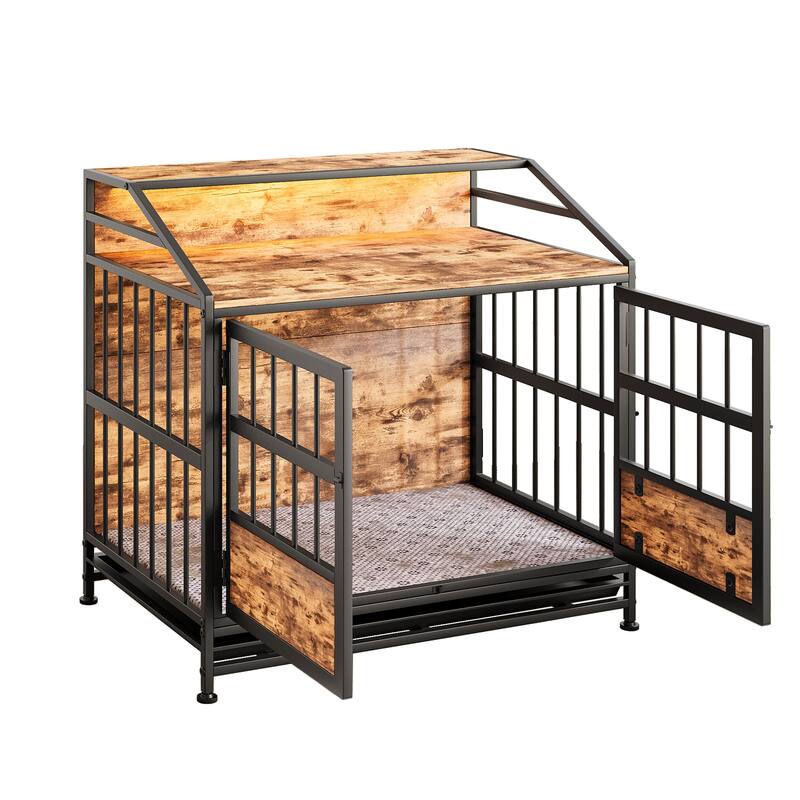Dog Crates with Storage, Large Wooden Dog Kennel with Double Doors