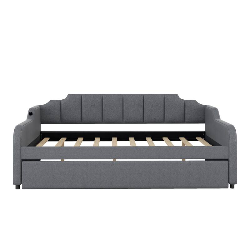 Full Size Upholstery Daybed Frame with USB Charging Design and Pull-out Trundle Bed for Bedroom Guest Room, Gray