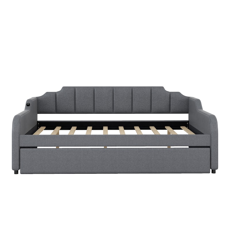Full Size Upholstery Daybed with Trundle and USB Charging Port, Perfect for Sleepovers