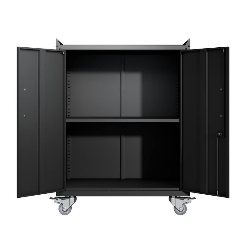 Black Metal Rolling Garage Storage Cabinet with Adjustable Shelves and Lockable Door - 30.31 x 18.11 x 35.40 in (L x W x H)