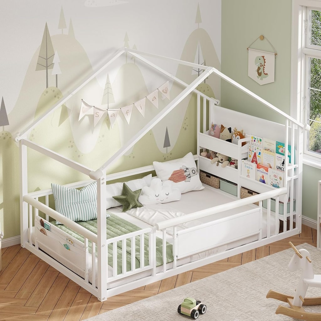 Twin Floor Bed with Safety Guardrail Montessori Storage Rack Bookshelf House