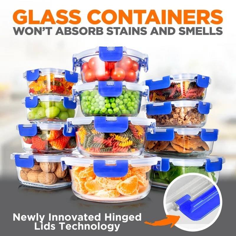 24 Piece Glass Food Storage Container Bakeware Set with Snap Lock Lids Microwave Oven Freezer Dishwasher Safe