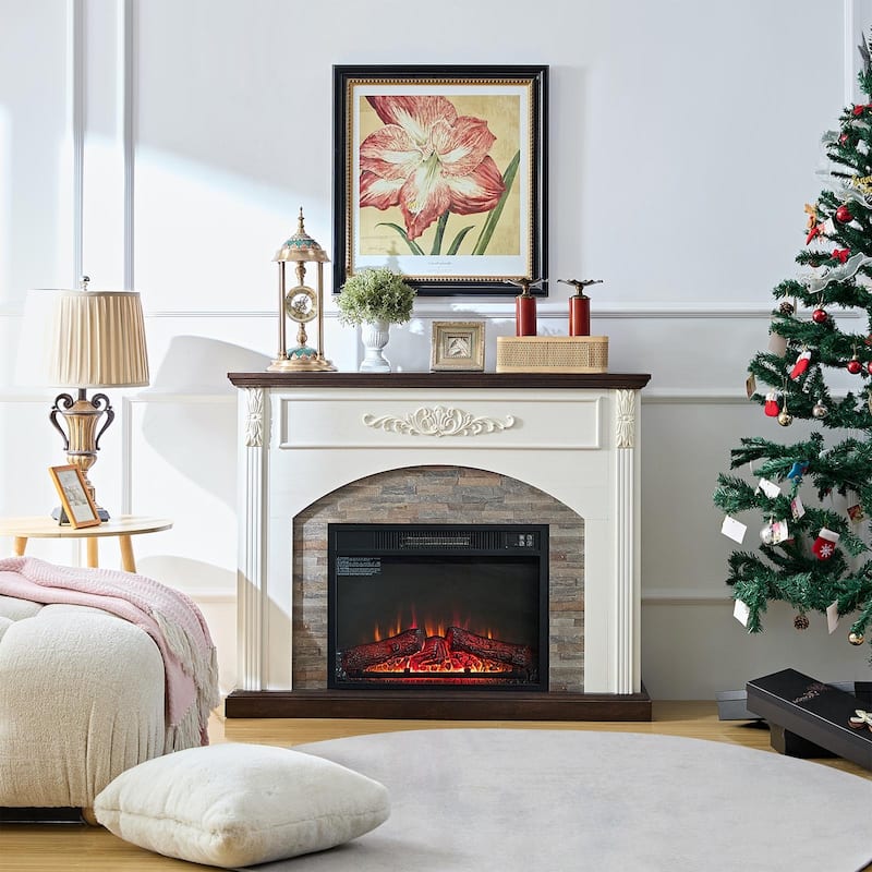 78 inch Electric Fireplace Mantel Fireplace TV Stand Entertainment Center with 30 inch Fireplace Insert Heater and Storage