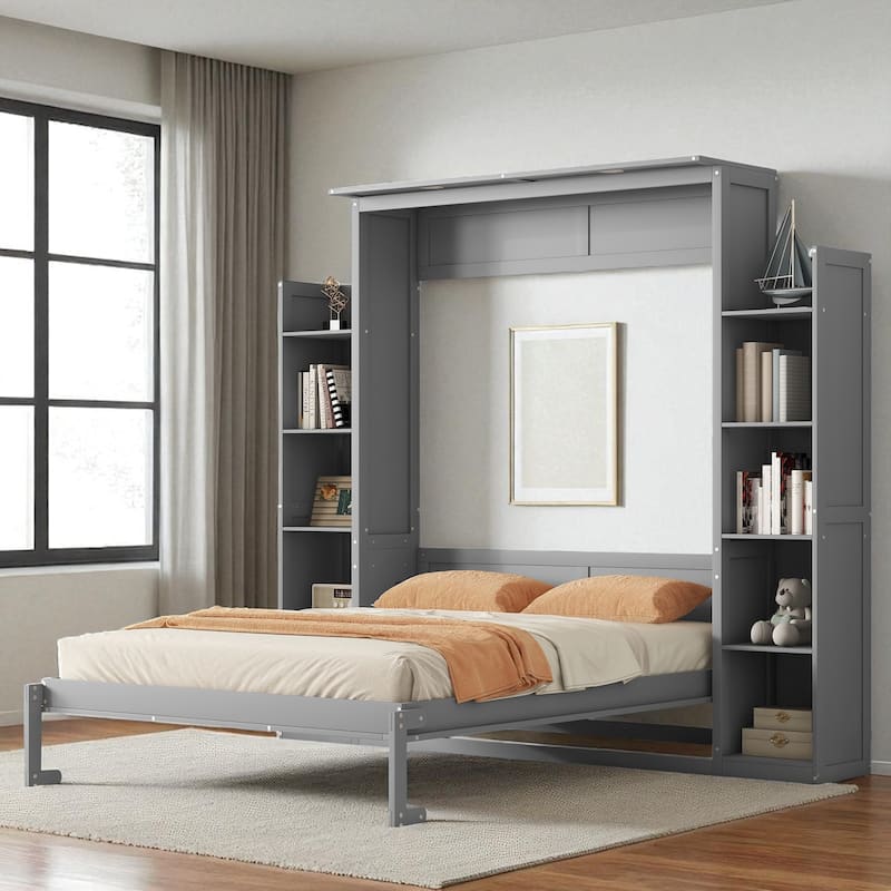 Full/Queen Murphy Wall Bed with Shelves & LED, Dual-Piston, 8 in Mattress, 600 lb Capacity, Space-Saving - Grey - Queen