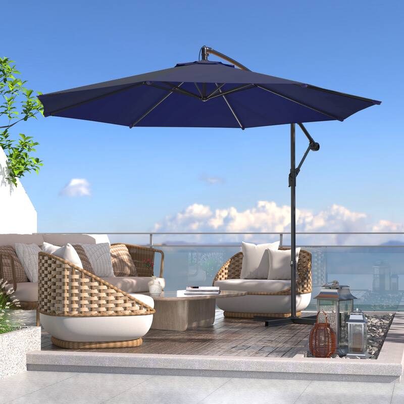 EROMMY 10ft Offset Hanging Umbrella - Easy Tilt, 99.9% UV Protection, Heavy-Duty Iron Frame - Navy Blue