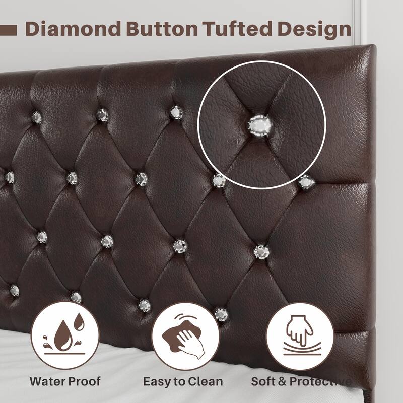 Brown Platform Bed Frame with Diamond Tufted Adjustable Headboard, No Noise, 800 lbs Capacity
