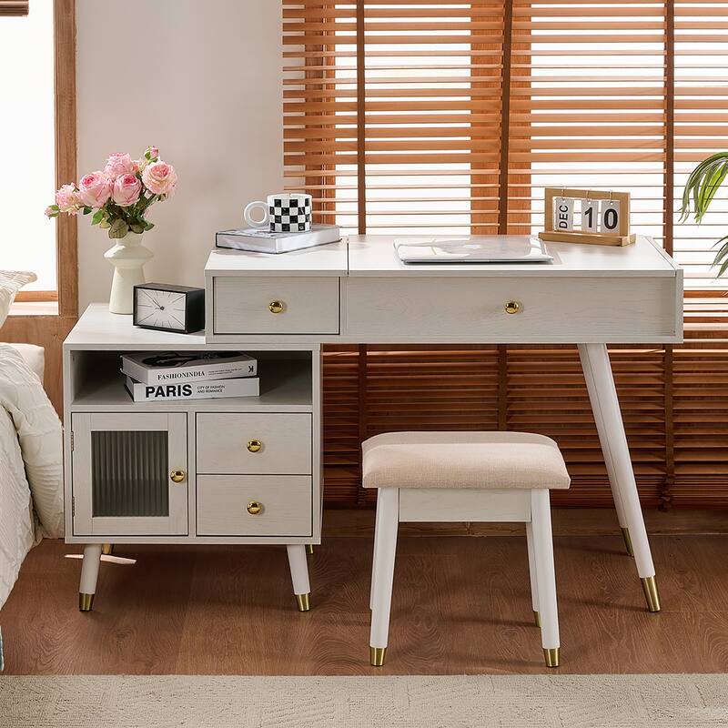 3-in-1 Makeup Vanity Desk with Lighted Flip-Top Mirror, Adjustable Cabinet, Drawers & Stool