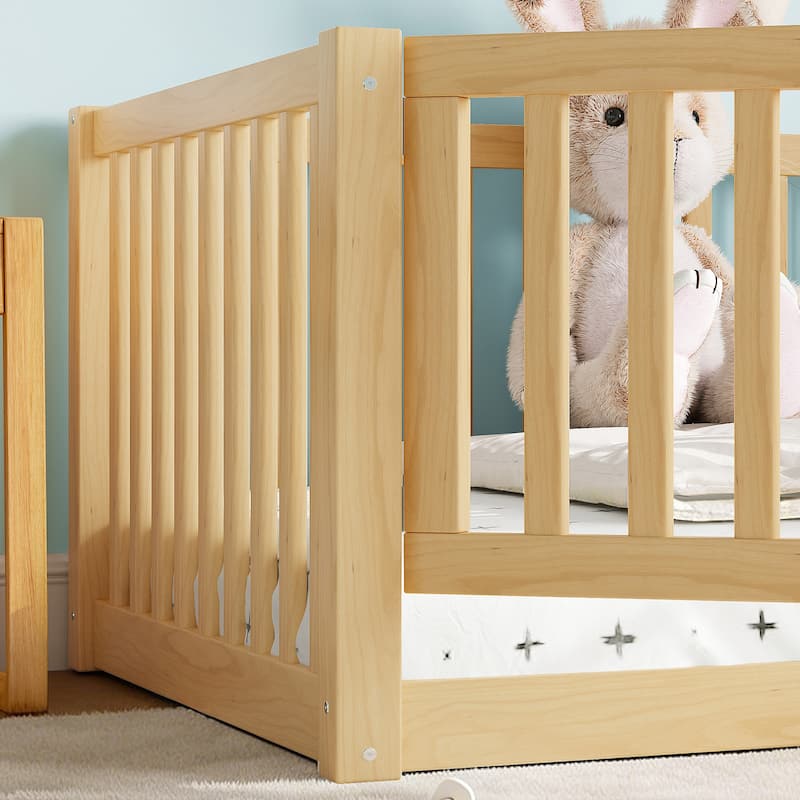 Montessori Floor Bed with Safety Guardrails & Door, Kids Low Profile Frame, Available in Queen/Full/Twin