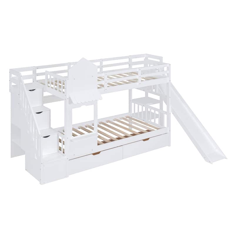 Castle Style Bunk Bed with 2 Drawers 3 Shelves and Slide