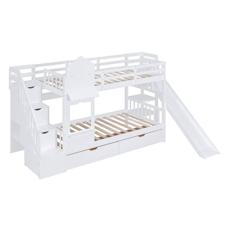 Twin-Over-Twin Castle Style Bunk Bed with Drawers, Shelves, and Slide in White