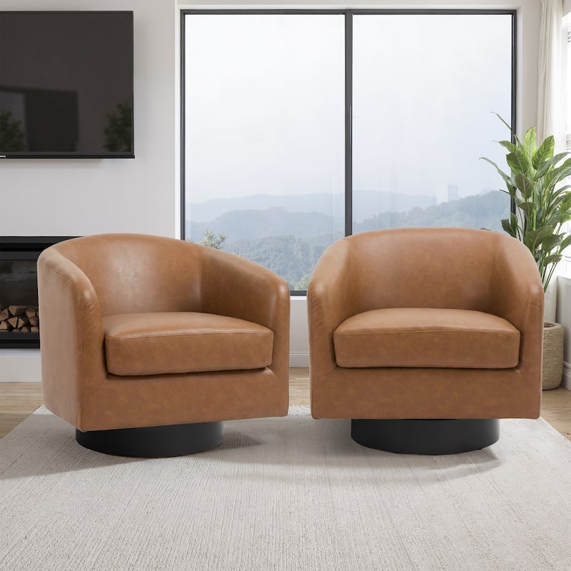 2 Set Modern Wide Round Swivel Accent Barrel Chairs - Faux Leather - P-Brown-Set of 2