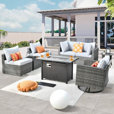 HOOOWOOO 8-piece Rattan Wicker Patio Furniture Set with Fire Pit