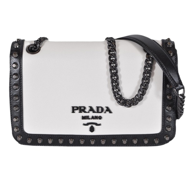 Shop Prada 1BD147 White Black Colorblock Leather Studded Crossbody Purse Handbag - Black/White ...