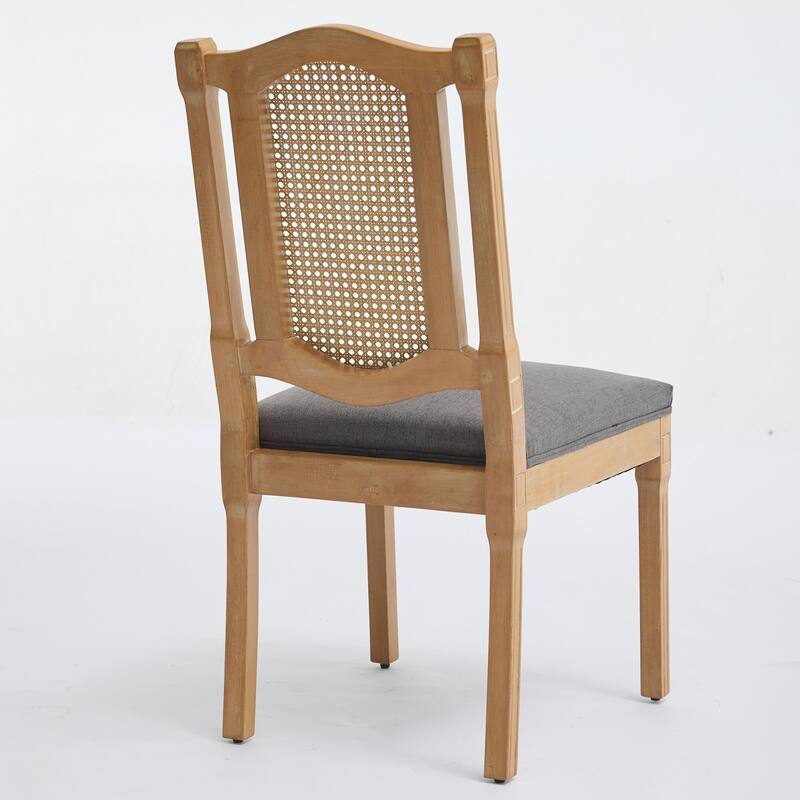 2-Piece Solid Wood Rattan-Back Dining Chair Set with Linen Cushion