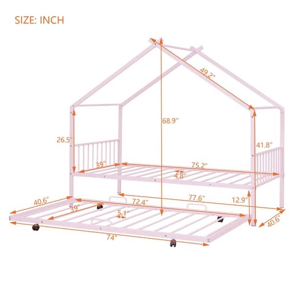 dimension image slide 0 of 6, Twin/Full Size Metal Platform Bed Frame with Twin Size Trundle, Kids House Bed with Headboard and Footboard