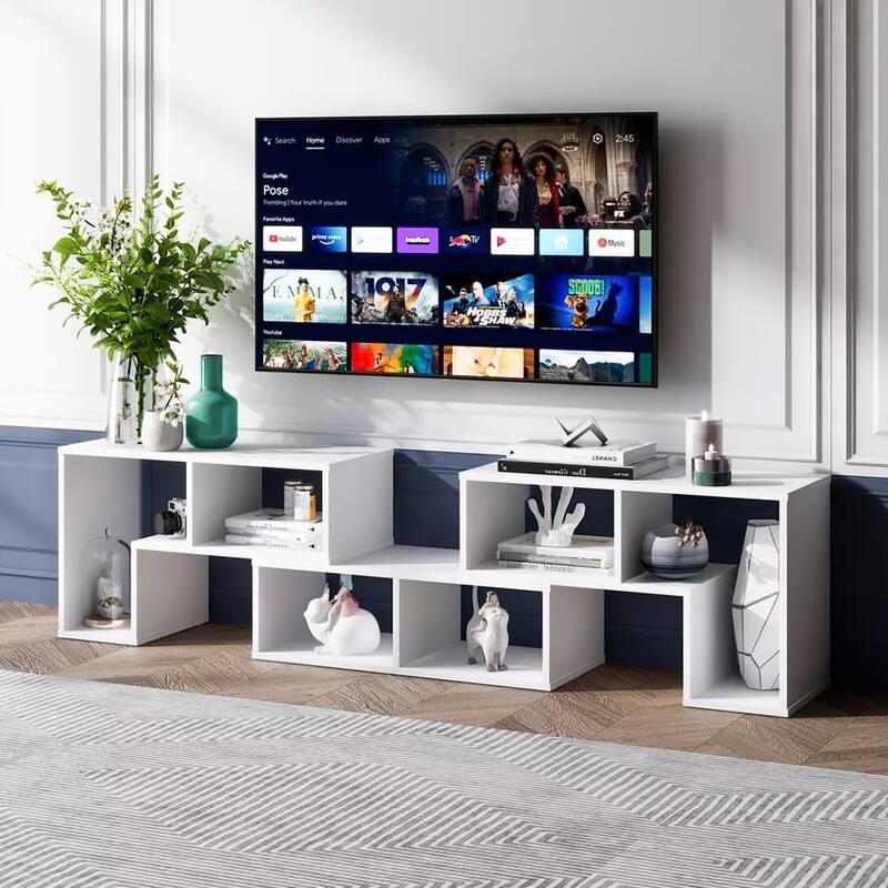 3 Pieces TV Console Stand Modern Storage Bookcase White - 65 inches