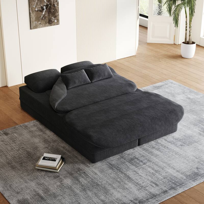 2-in-1 Floor Sleeper Sofa Bed Corduroy Foldable Sofa with Functional Blanket and Pillows for Living Room Bedroom Studio
