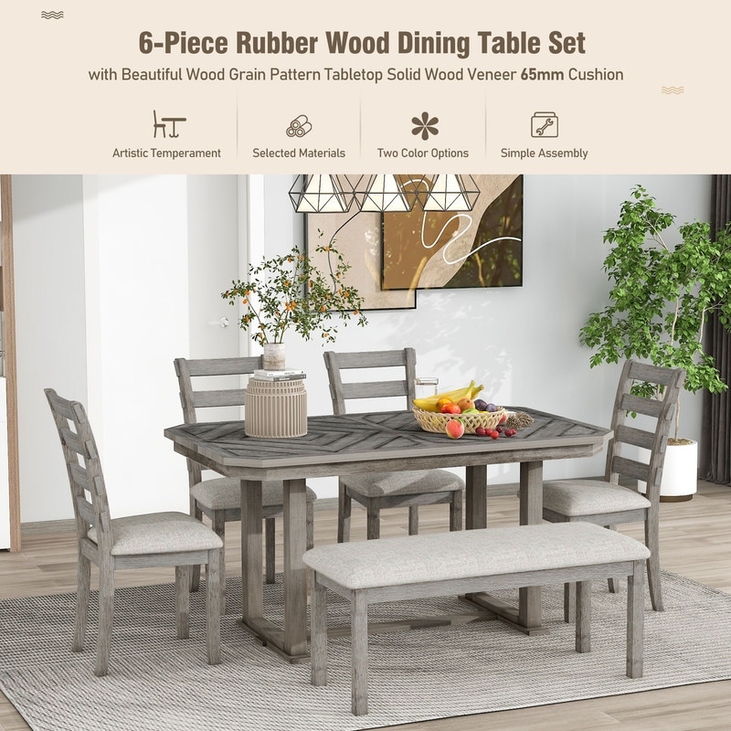 6 Pieces Counter Height Dining Table Set, Wood Rectangle Table with Shelf 4  Chairs and Bench, Kitchen Dining Table Chairs Set for 6 Persons (Gray)