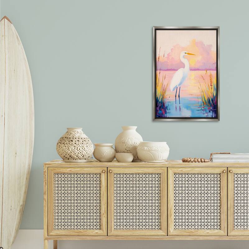 Stupell Egret under Beaming Sunset Framed Floater Canvas Wall Art Design By Arlington Prints