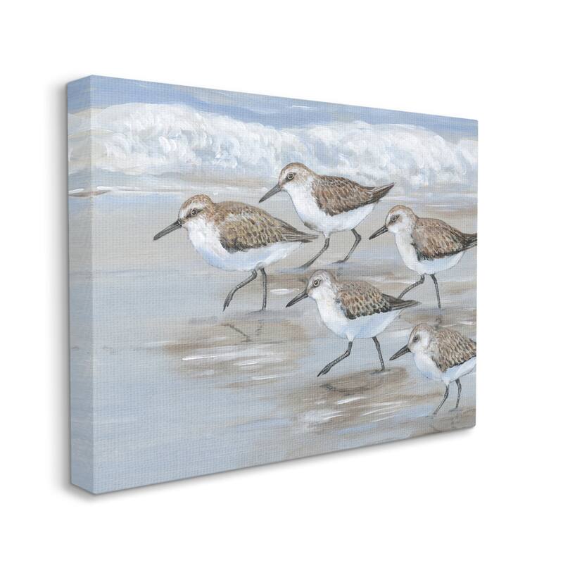 Stupell Sandpiper Bird Flock Marching Beach Coast Waves Canvas Wall Art - Blue