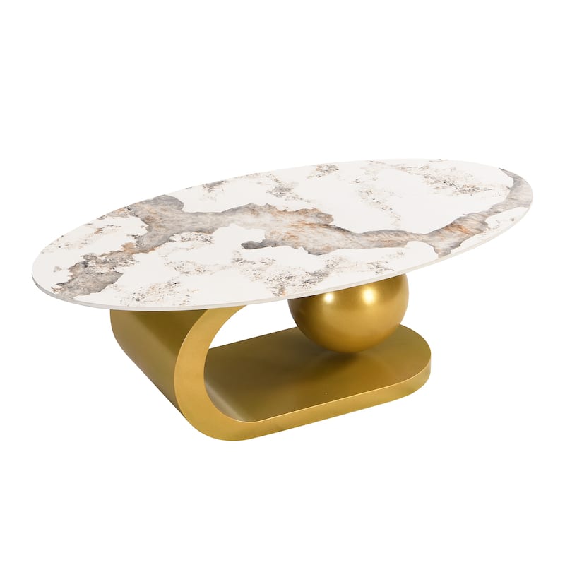 47.2" Modern Oval Coffee Table with Marble Pattern Top and Gold Stainless Steel Base