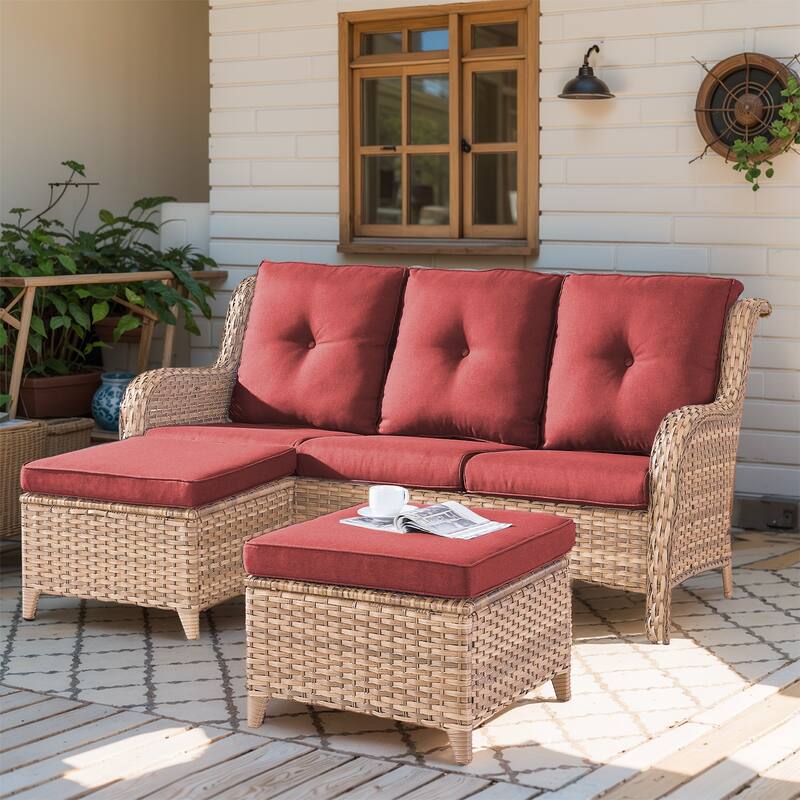 Outdoor 3-Piece Wicker Sofa Set with Ottoman - Yellow - Red