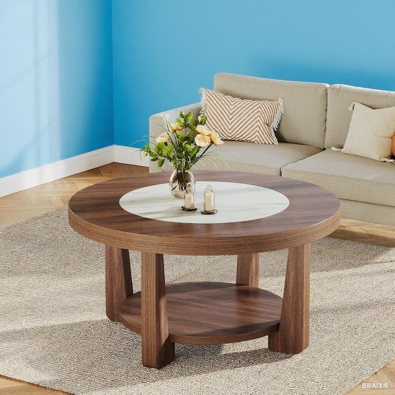 Brown MDF Wood Round Coffee Table with Double Layer Storage and Sturdy L-Legs for Living Room - 31.5"L x 31.5"W x 17.7”H
