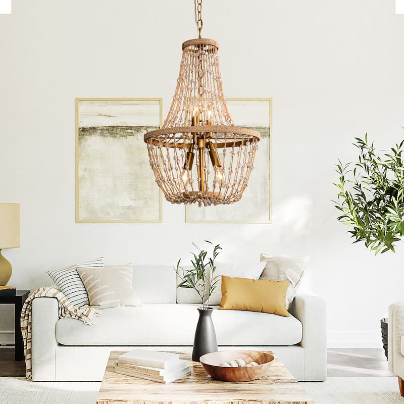 Bohemian Natural Brown Hemp Rope 4-Light Basket Chandelier - 16.54" fixture width x 25.2" fixture height