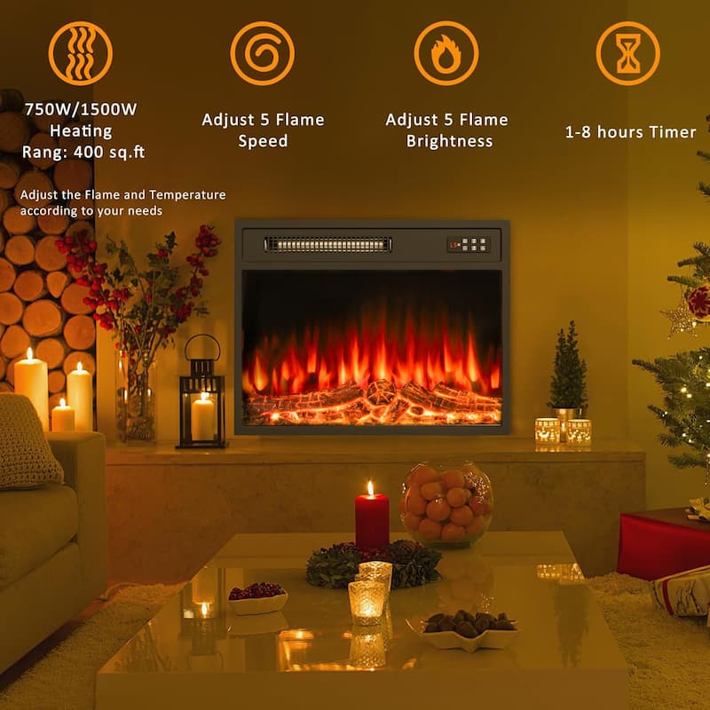 BOSSIN 23 inch Electric Fireplace Insert,Recessed Mounted Fireplace Heater with Adjustable Flame,Timer 750/1500W