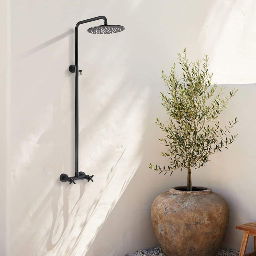 48"H Solid Brass Outdoor 10 Inch Round Rain Shower Set with Dual Cross Handle