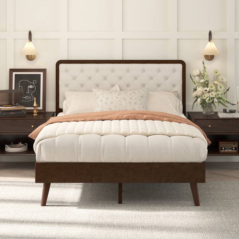 LUE BONA Solid Wood Panel Platform Bed with Button Tufted Headboard, Multi-Size wooden Rustic Bed Frame Bedroom Furniture - Full