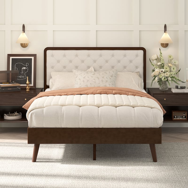 Solid Wood Full/Queen/King Size Platform Bed Frame with Upholstered Tufted Headboard - Full