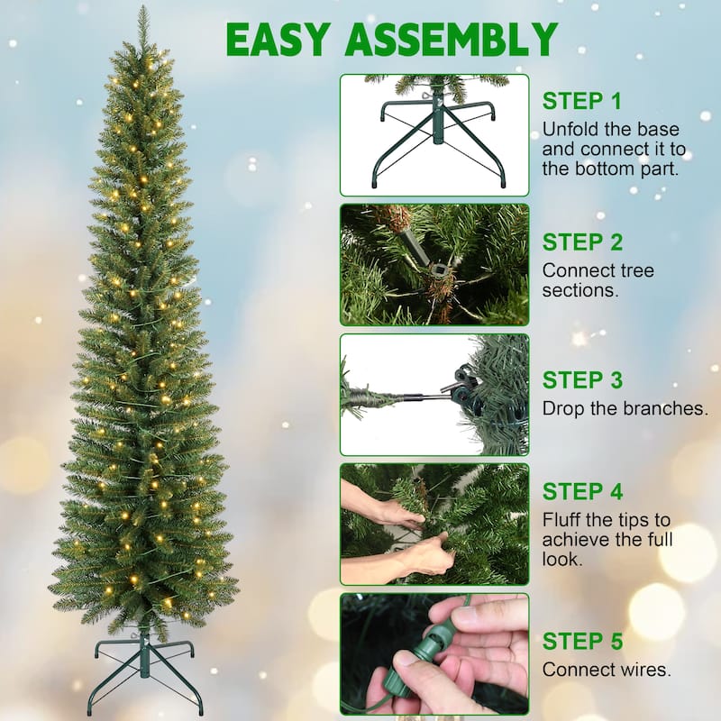 6FT Green Pencil Christmas Tree with 150 Warm White LED Lights-Slim PVC Tree with 358 Tips,Compact Design