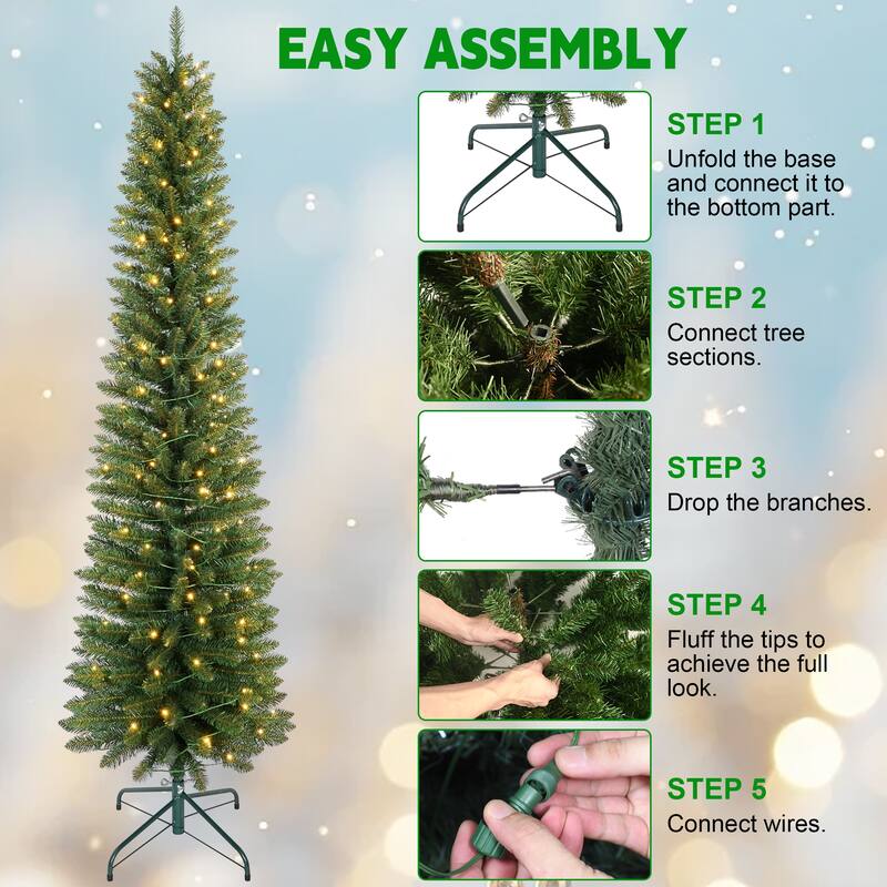 7FT Green Pencil Christmas Tree with 200 Warm White LED Lights-Slim PVC Tree with 469 Tips, Compact Design, Stable Metal Stand