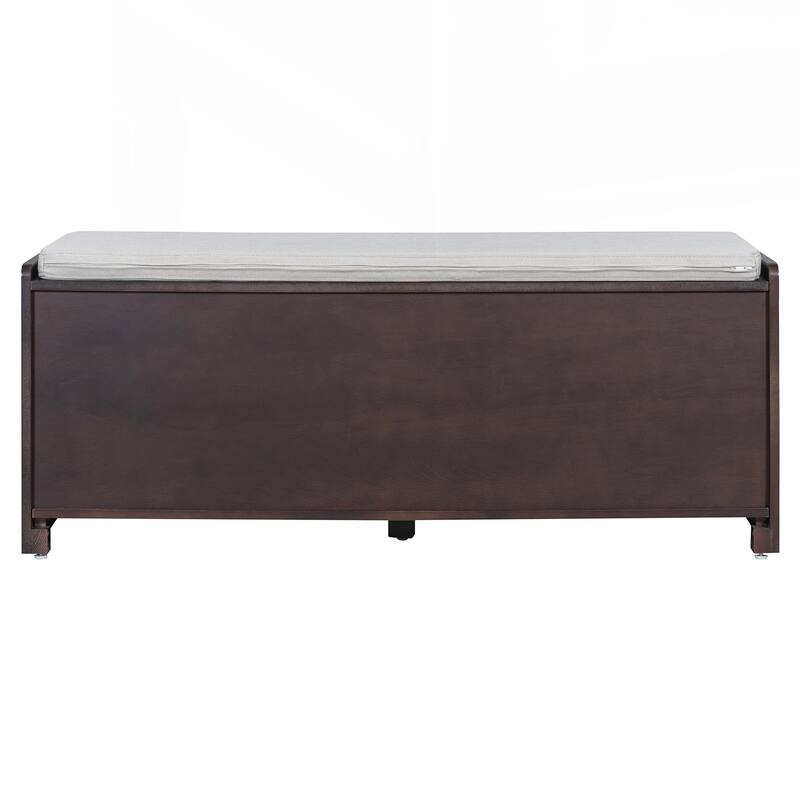 Rustic Storage Bench Multifunctional Wood Entryway Shoe Bench with Removable Cushion, Woven Rattan Doors & Adjustable Shelves