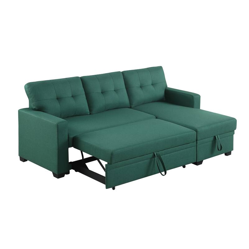 Green Linen Upholstered Pull out Sectional Sofa with Chaise