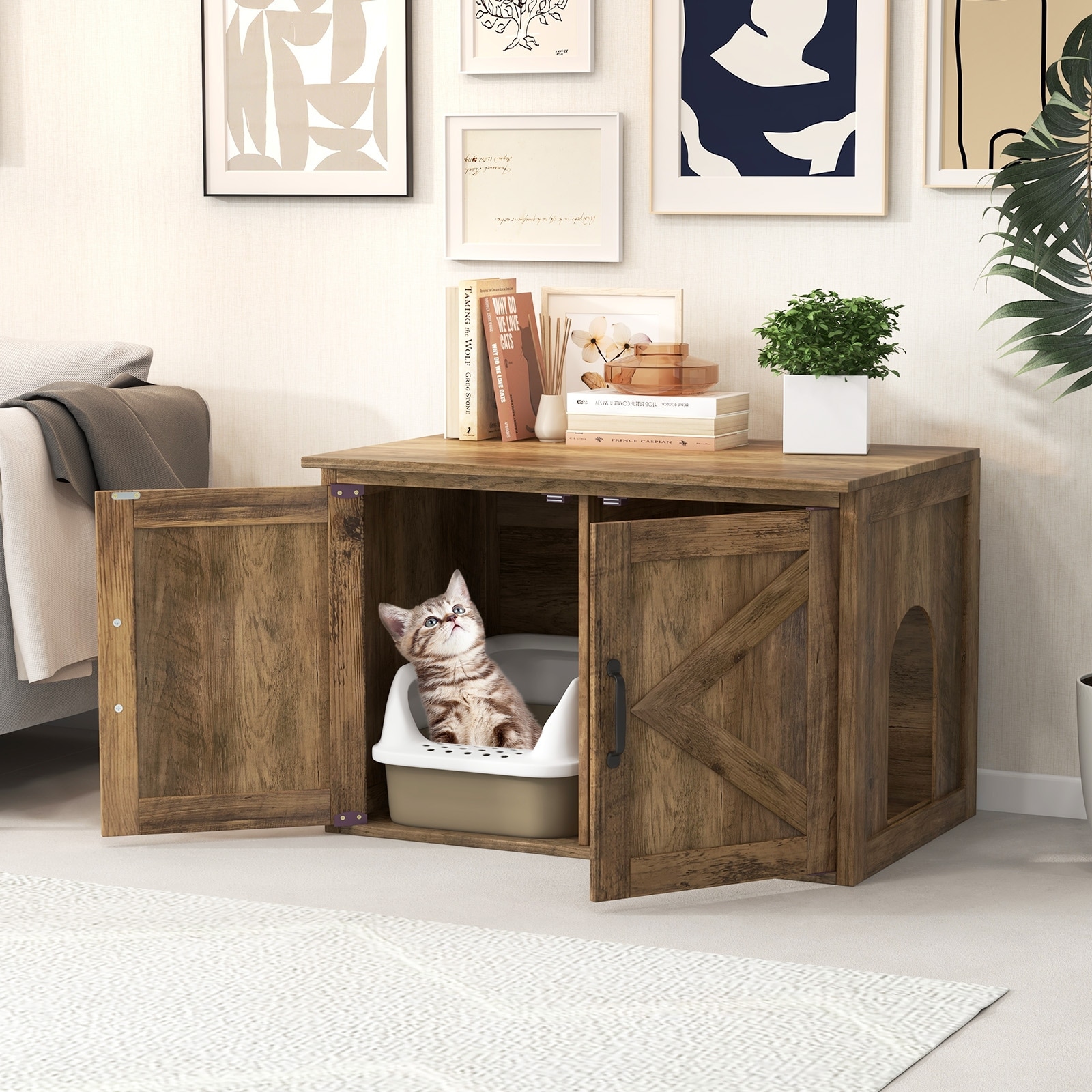 Flip Top Hidden Cat Washroom Furniture with Double Barn Doors Removable Divider and Middle Entry - 31.5