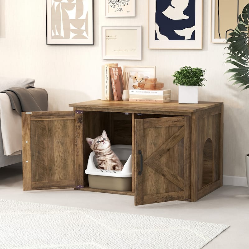Flip Top Hidden Cat Washroom Furniture with Double Barn Doors Removable Divider and Middle Entry - 31.5"L x 21.5"W x 21"H - Oak