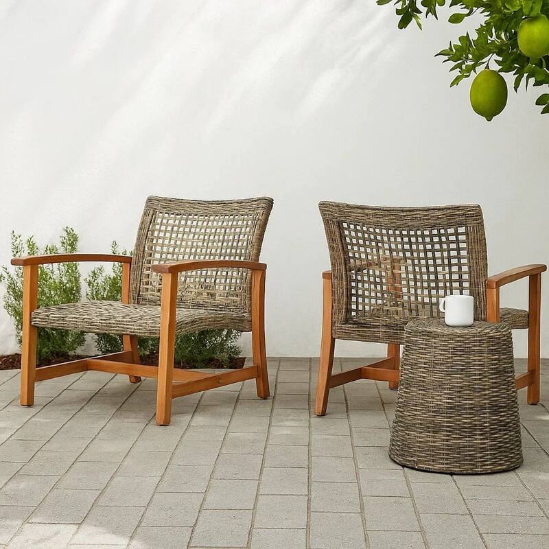 Bops Outdoor Accent Club Chair Set of 2, Brown Acacia Wood Gray Wicker