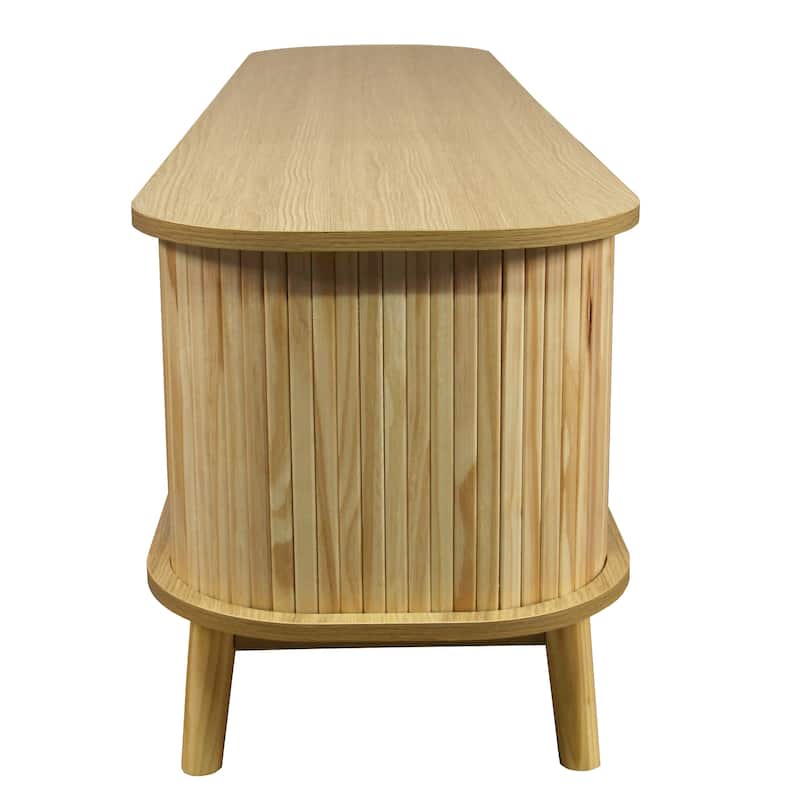 Rattan TV Stand with 2 Cord Holes, Console Table with 2 Drawers and 2 Drawers, Entertainment Center with Solid Wood Legs