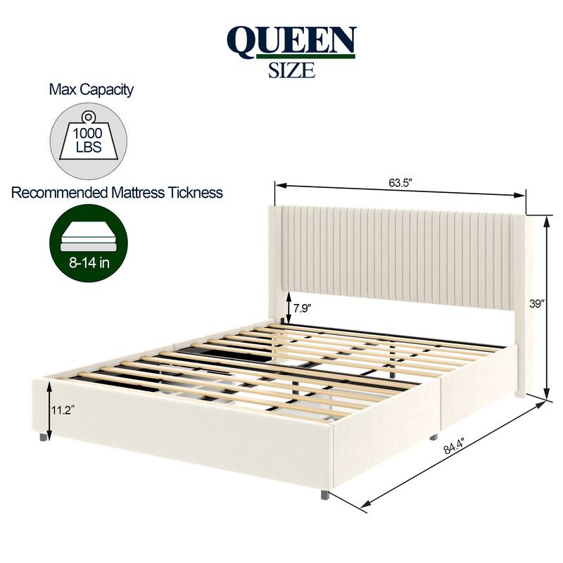 Queen Size Velvet Upholstered Storage Bed with 2 Built-in Drawers and Modern Headboard