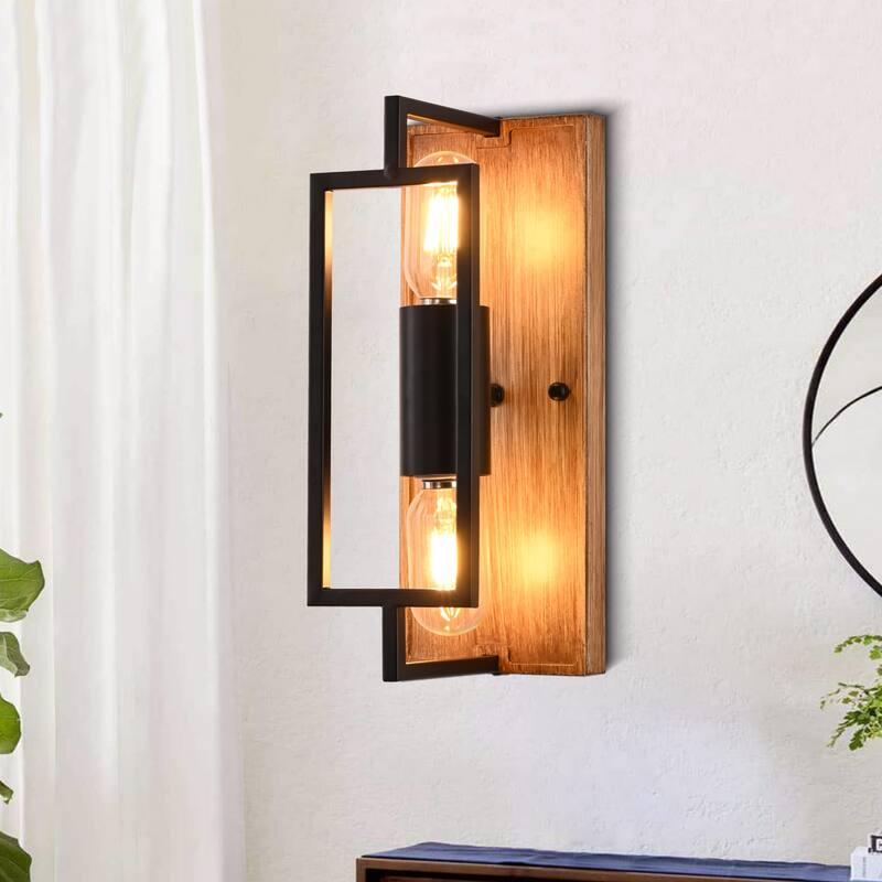CurveCurio 12" Modern Wall Light with Matte Black Metal Frame and Wood Base, Two-Light Sconce Fixture for Stylish Interiors - 12" * 4" * 4" - Matte Black with Natural Wood Base 