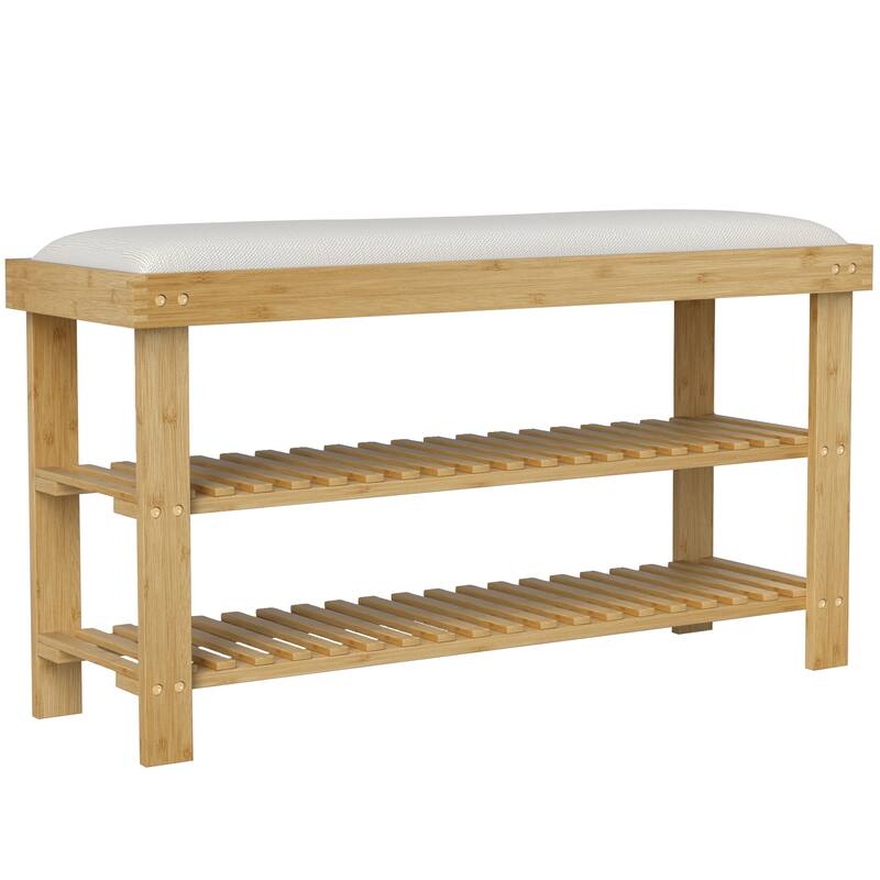 HOMCOM Bamboo Shoe Bench, 3-Tier Entryway Bench with Storage and Cushion, Shoe Organizer for Entryway, Hallway