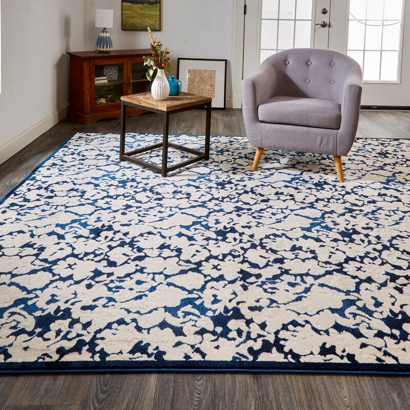 Meera Abstract Floral Rug, Ivory/Ink/Deep Blue, Area Rug