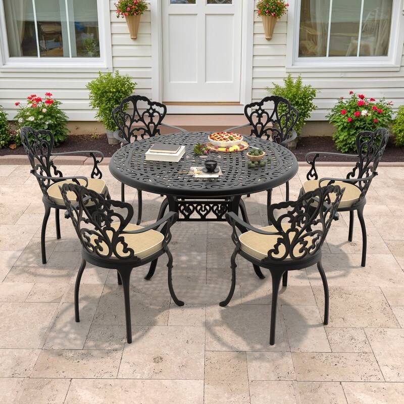 5/7-Piece Cast Aluminum Outdoor Dining Set with 48.03 in. Round Table and Cushions - Black(7-Piece Sets-C)
