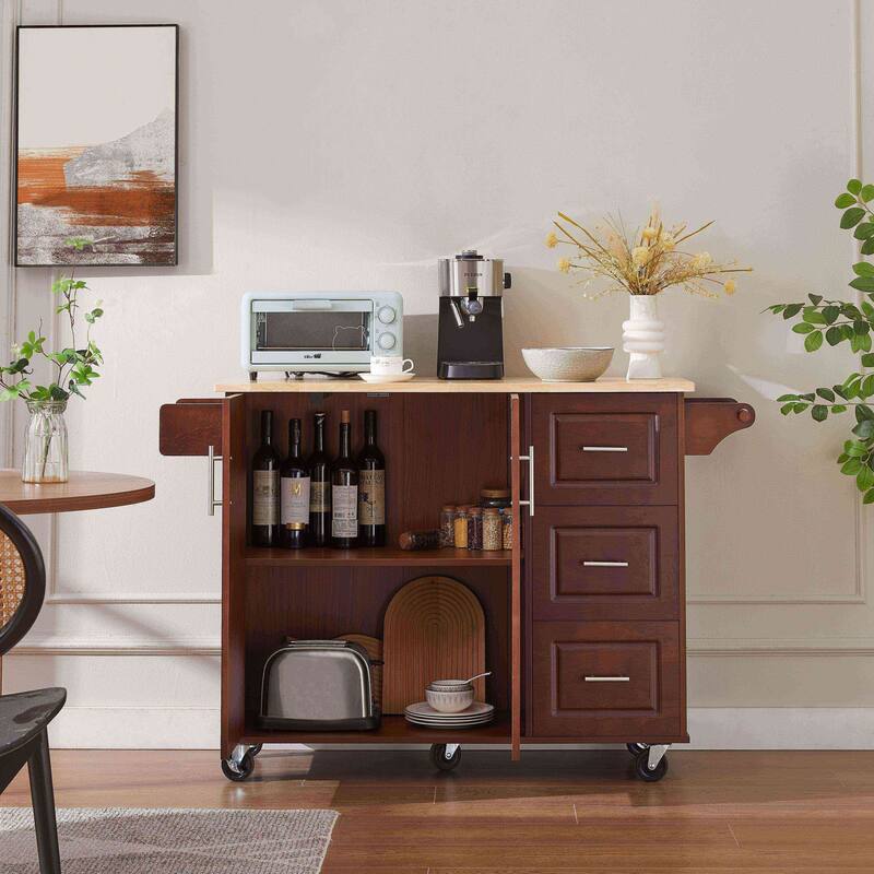 Rolling Kitchen Cart with 3 Drawers, Shelves, and Locking Casters - Multipurpose Bar Cart and Coffee Station