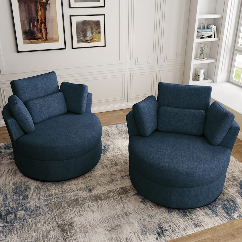 Upholstered Swivel Barrel Armchair with Storage Ottoman (Set of 2) - Chair set - Navy Chenille
