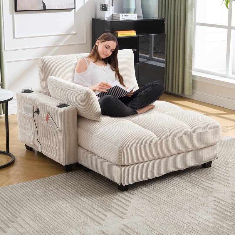 Oversized Corduroy Upholstered Single Chaise Lounge Sofa Couch Switchable Armrest with Cup Holders, USB Ports and Pockets