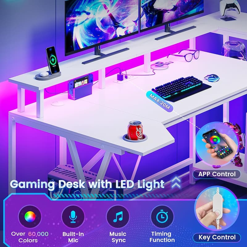 PC Gaming Desk Power Outlets Computer Desk LED Lights Storage Shelves
